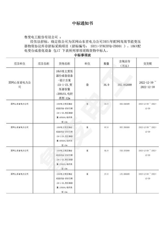 國網(wǎng)山東省電力有限公司中標通知書